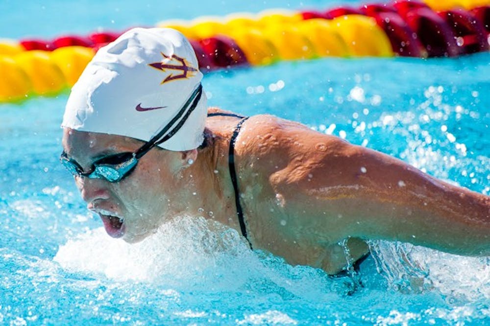 Sophomore distance swimmer Anna Olasz competes in the 1000-yard freestyle against Stanford sophomore Tara Halsted (not pictured), Saturday, Jan. 2015 at the Mona Plummer Aquatics Complex in Tempe. Olasz came from behind in the one-on-one race and edged out Halsted by almost seven seconds. (Ben Moffat/The State Press)