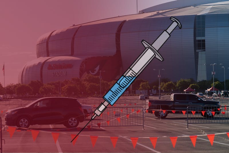An illustration imposed on a photo of State Farm Stadium in Glendale on July 28, 2020. The previous COVID-19 testing site is now administering COVID-19 vaccines around the clock to eligible Arizona residents.