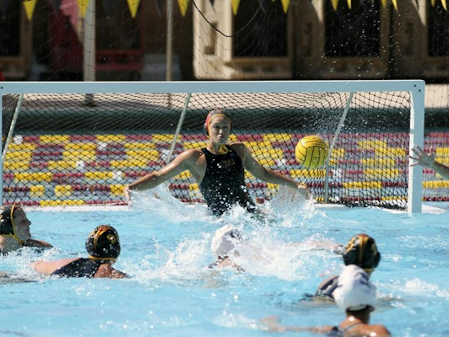 Ianeta Hutchinson makes a save in a game against San Diego State on March 3. Hutchinson and the Sun Devils are anticipating tough games against Stanford and San Jose State this weekend. (Photo by Sam Rosenbaum)