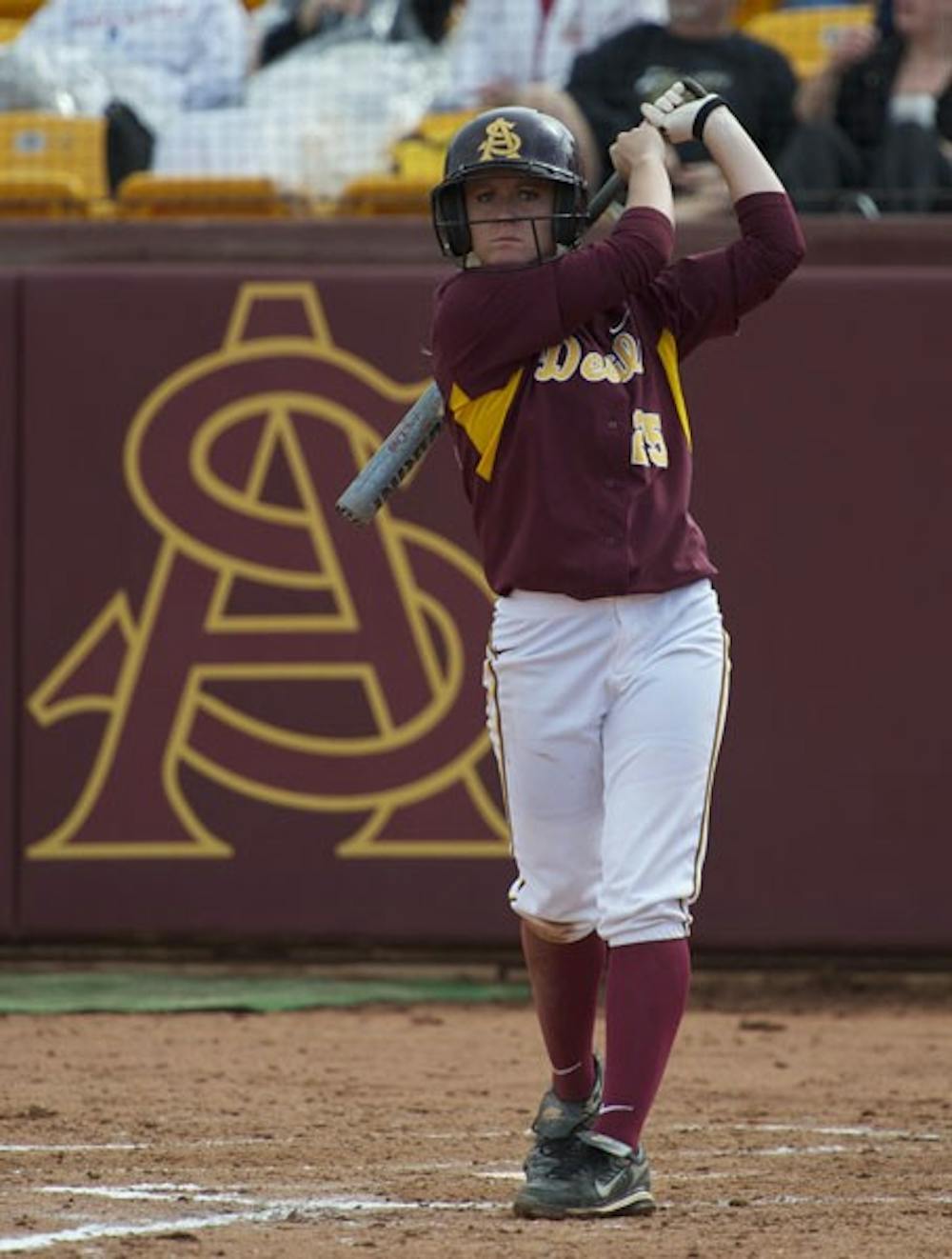 FOLLOW THROUGH: Junior catcher Lacy Goodman takes a practice swing during a game at Farrington Stadium. ASU will be hosting the Wilson/DeMarini Invitational this weekend in Tempe. (Photo by Michael Arellano)