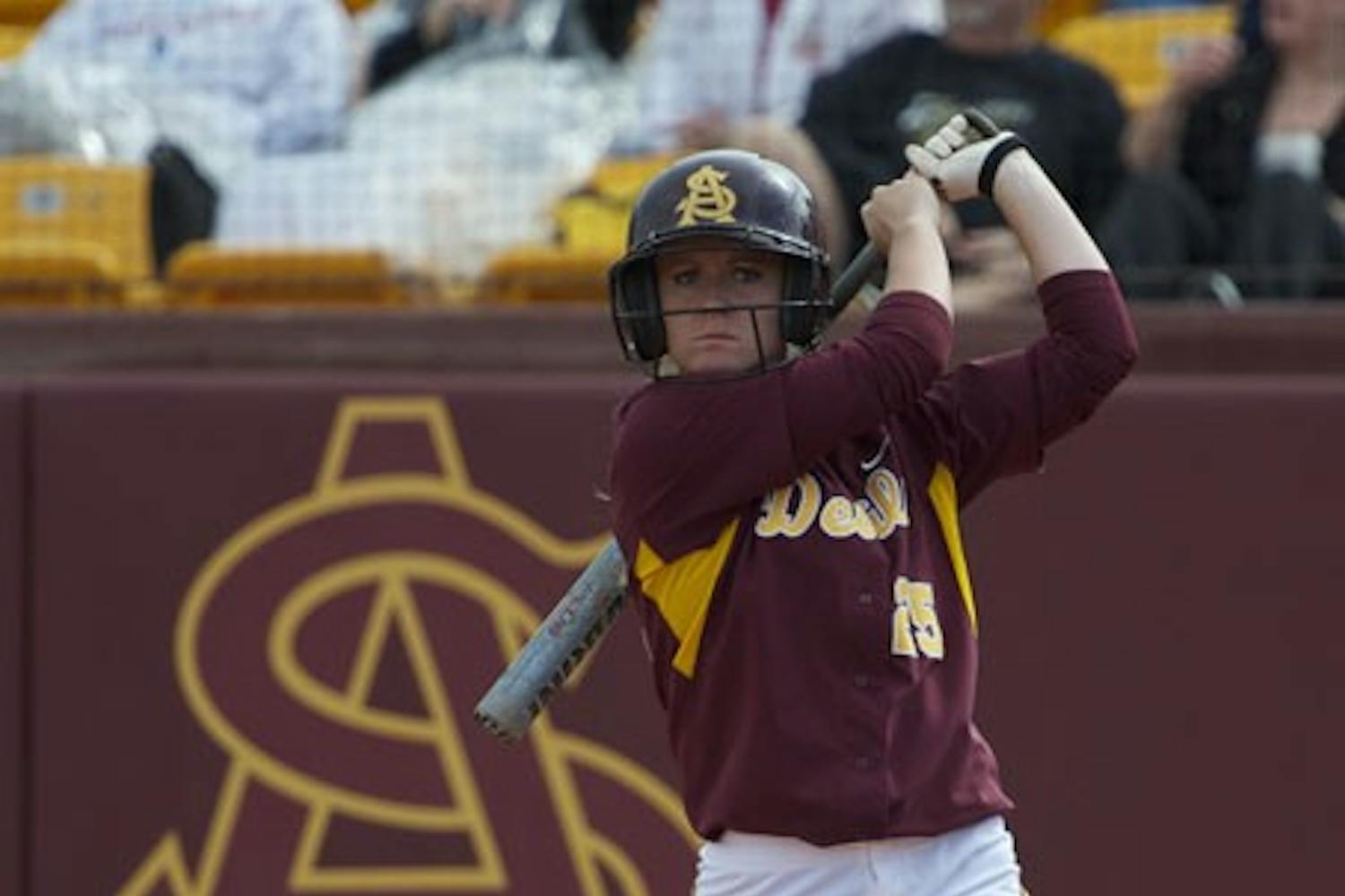 FOLLOW THROUGH: Junior catcher Lacy Goodman takes a practice swing during a game at Farrington Stadium. ASU will be hosting the Wilson/DeMarini Invitational this weekend in Tempe. (Photo by Michael Arellano)