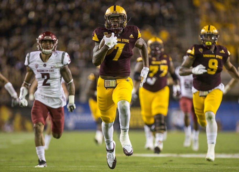 ASU Sun Devils running back Kalen Ballage (7) runs in a touchdown during a game against WSU in Sun Devil Stadium, in Tempe, Arizona, on Saturday, Oct. 22, 2016.
