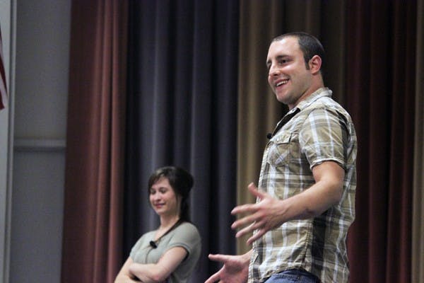 THE TALK: George Zerante and Annie Rix perform a sex education skit for a crowd of students Wednesday night. (Photo by Samuel Rosenbaum)