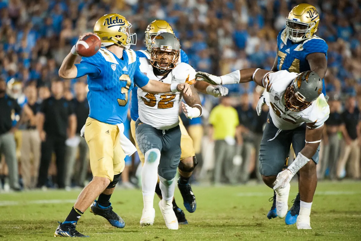Redshirt senior linebacker Antonio Longino (32) pressures UCLA freshman quarterback Josh Rosen on Saturday, Oct. 3, 2015, at Rose Bowl Stadium in Pasadena, Calif. The Sun Devils defeated the Bruins 38-23.
