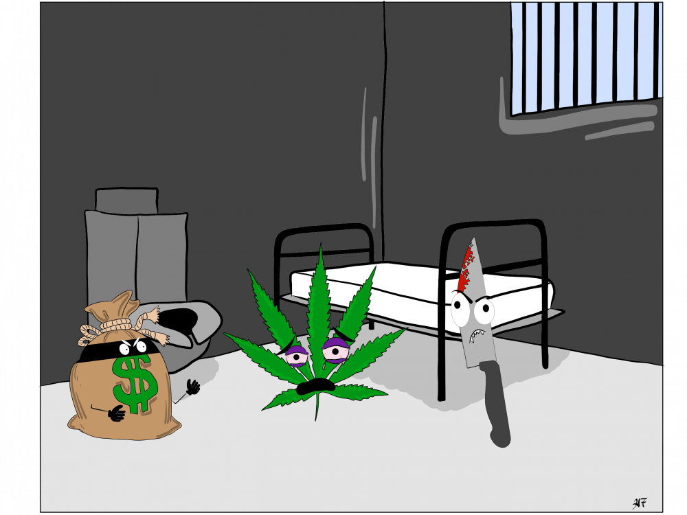 Mandatory minimum sentences and petty offenses populate prisons alongside violent criminals. Illustration drawn on Tuesday, Sept. 20, 2016.