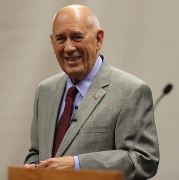 Bill Rasmussen addresses ASU students at the Arizona Ballroom in the Memorial Union on Thursday night, where he told the story of founding ESPN and signed books. (Photo by Kyle Newman)