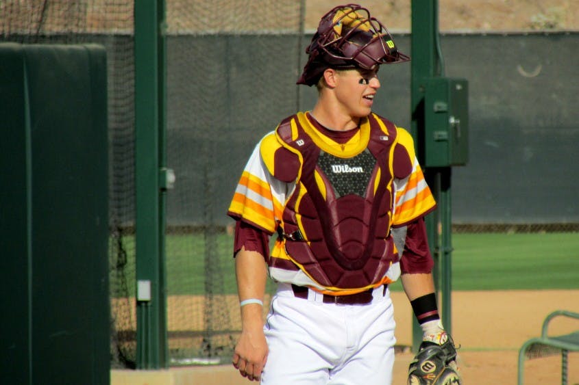 Catcher Brian Serven is pictured prior to&nbsp;ASU baseball's 13-7 win over&nbsp;Arizona on Saturday, April 12, 2015, at the Phoenix Municipal Stadium in Tempe.&nbsp;