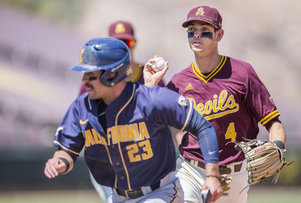ASU baseball's Andrew Snow (4) chases after runner Aaron Knapp (23) in an attempt to tag him out during a game against California at Phoenix Municipal Stadium in Phoenix, Arizona, on Saturday, April 16, 2016. 
