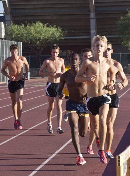 IN STRIDE: The ASU men’s cross country team runs together in practice. The men took 11th place at the Notre Dame Invitational. (Photo by Annie Wechter)