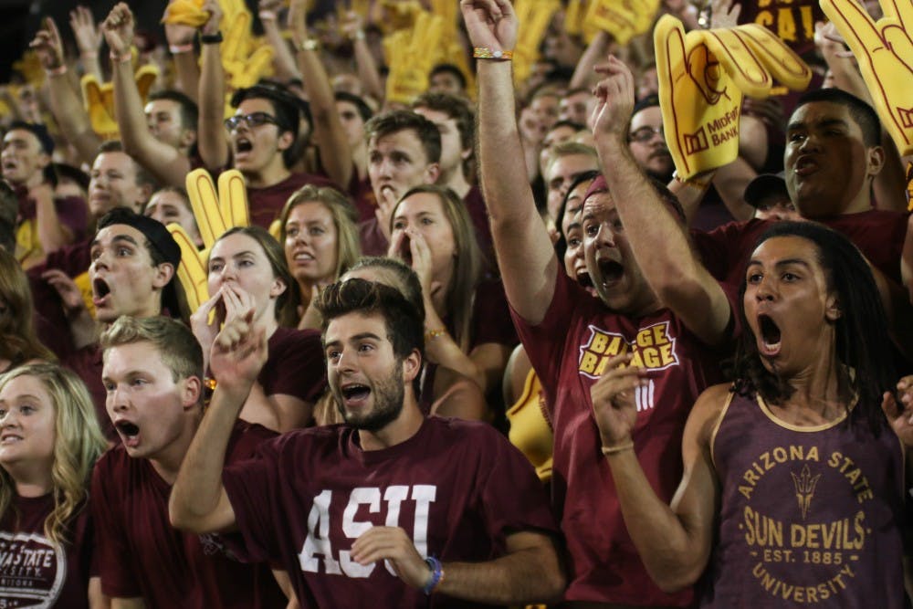 Fans cheer as the ASU Sun Devils score a touchdown during a game against the California Golden Bears in Sun Devil Stadium in Tempe, Arizona, on Saturday, Sept. 24, 2016. 