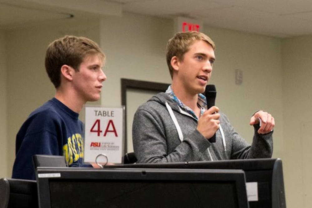 Sophomore Michael Zipperer leads a discussion on utopian societies with both ASU and Leuphana University students. Undergraduate students Michael Zipperer (right) and James Macdonald met on weekends for a total of 3-4 hours to prepare for the lesson. (Photo by Andrew Ybanez)
