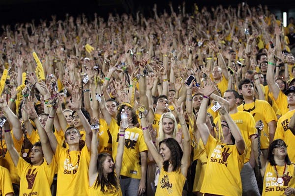 GAME DAY: Students in the students section cheer on ASU against Oregon State last Saturday. Attendance numbers show that the new Game Day initiative is working as more students are attending games. (Photo by Lisa Bartoli)