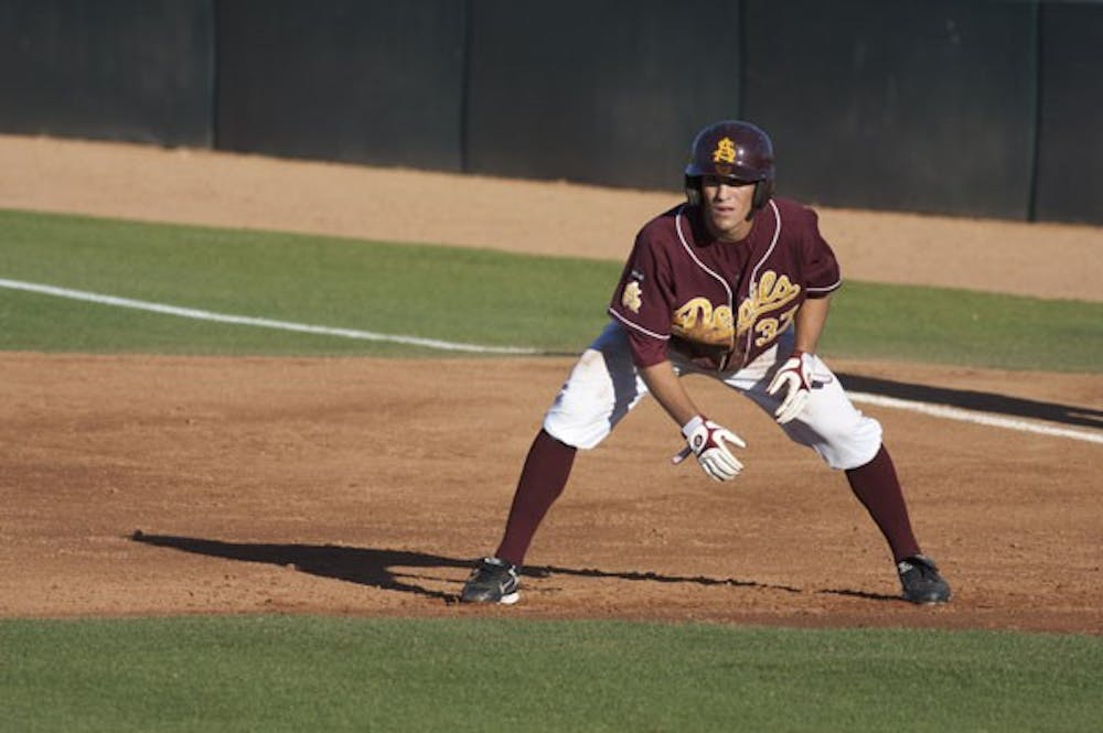 THE CATS ARE COMING: ASU sophomore shortstop Drew Maggi leads off of first base during the Sun Devils' 11-6 win over San Diego earlier this month. ASU will face UA in a nonconference showdown Tuesday night at Packard Stadium. (Photo by Scott Stuk)