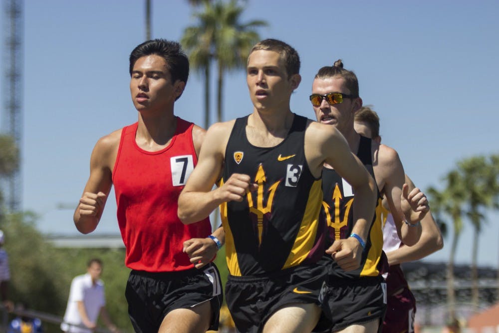 ASU sophomore CJ Albertson and ASU freshman Jack Balder compete in the Men's 2000 Meter Steeplechase.  Schools from across the country gathered for the Baldy Castillo Invitational at the Sun Angels Stadium in Tempe, AZ. (Photo by Gretchen Burnton)
