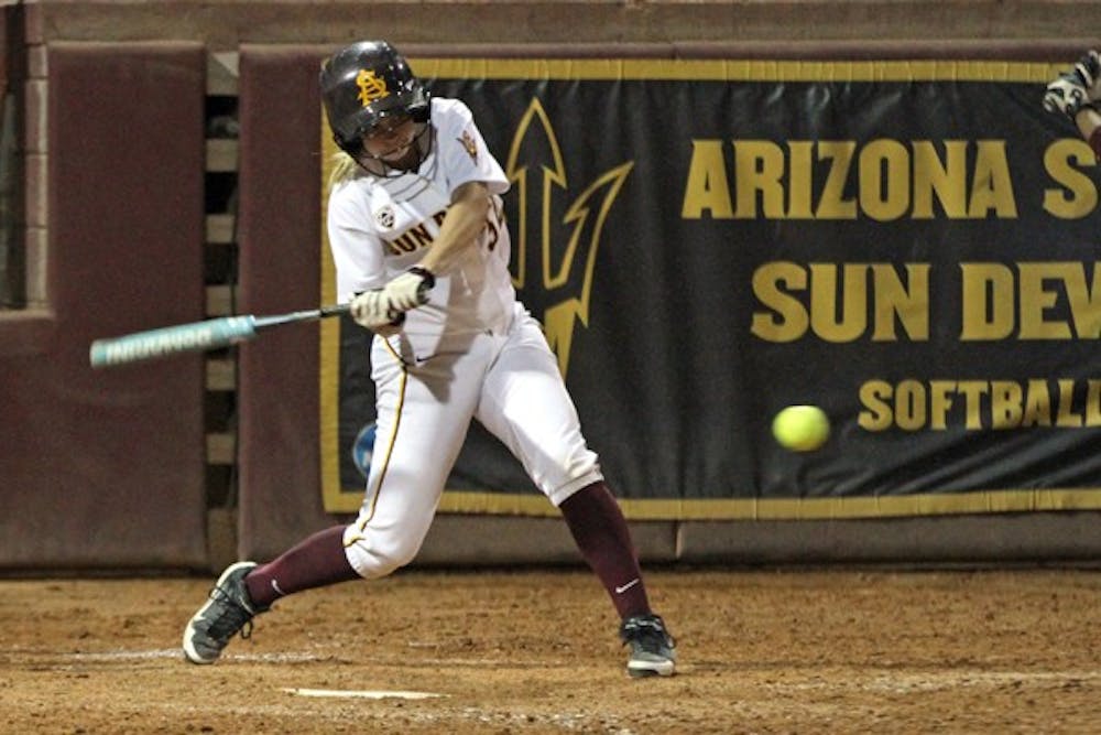 Haley Steele hits the ball in a Thursday’s game against UCLA. Steele finished with four RBI in ASU’s 9–1 victory. (Photo by Sam Rosenbaum)