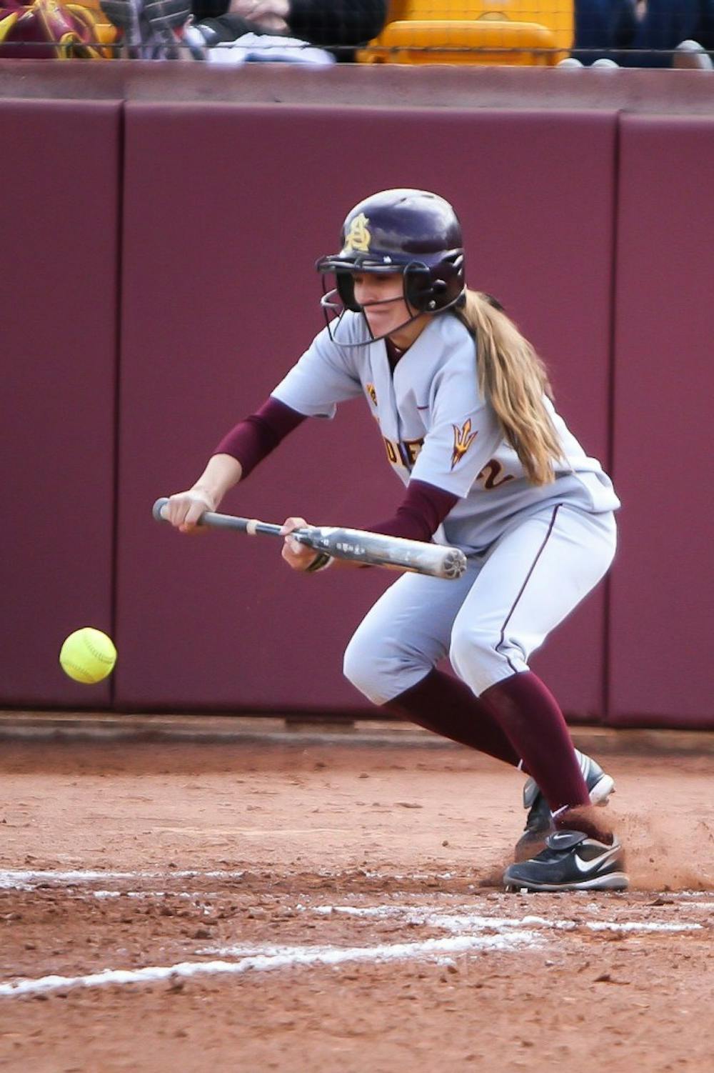 Junior outfielder Bailey Wigness squares up for a bunt against Boise State on Feb. 10. Wigness leads the ASU softball team in steals with four steals. (Photo by Sam Rosenbaum)