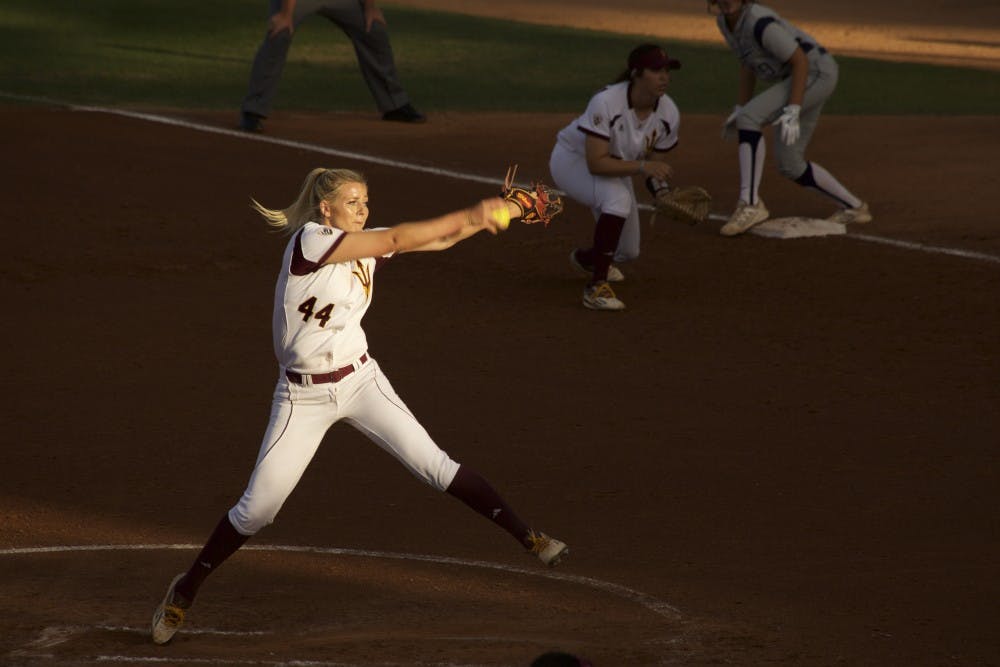 Redshirt junior Kelsey Kessler throws a pitch against Arizona on Sunday, March 20, 2016 at Farrington Stadium in Tempe, Arizona. Kessler pitched a complete game and ASU baseball won&nbsp;3-2.
