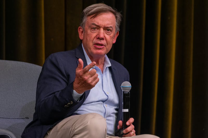ASU President Michael Crow addresses students' questions at the Student Forum with President Crow at the Student Pavilion in Tempe on Tuesday, Sept. 21, 2021.