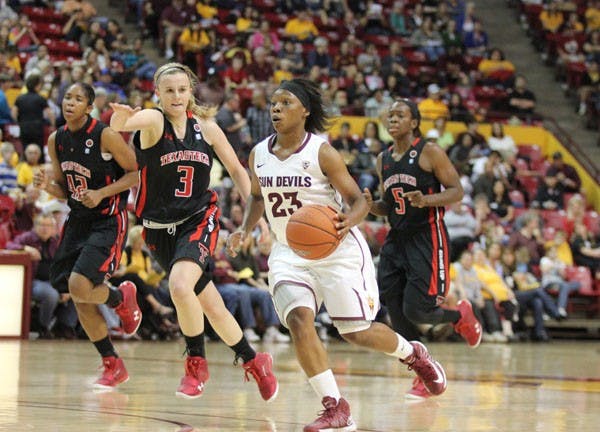 Freshman guard Elisha Davis runs the fast break during the Sun Devils’ 61-49 loss to Texas Tech on Nov. 11. (Photo by Kyle Newman)