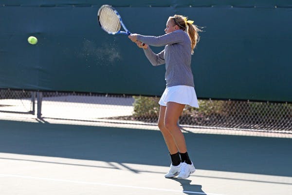 Michelle Brycki hits the ball at the ASU Thunderbird Invitational on Nov. 5, 2011. Brycki and the Sun Devils were hampered by injuries and unable to find success on their southern California road trip. (Photo by Lisa Bartoli)