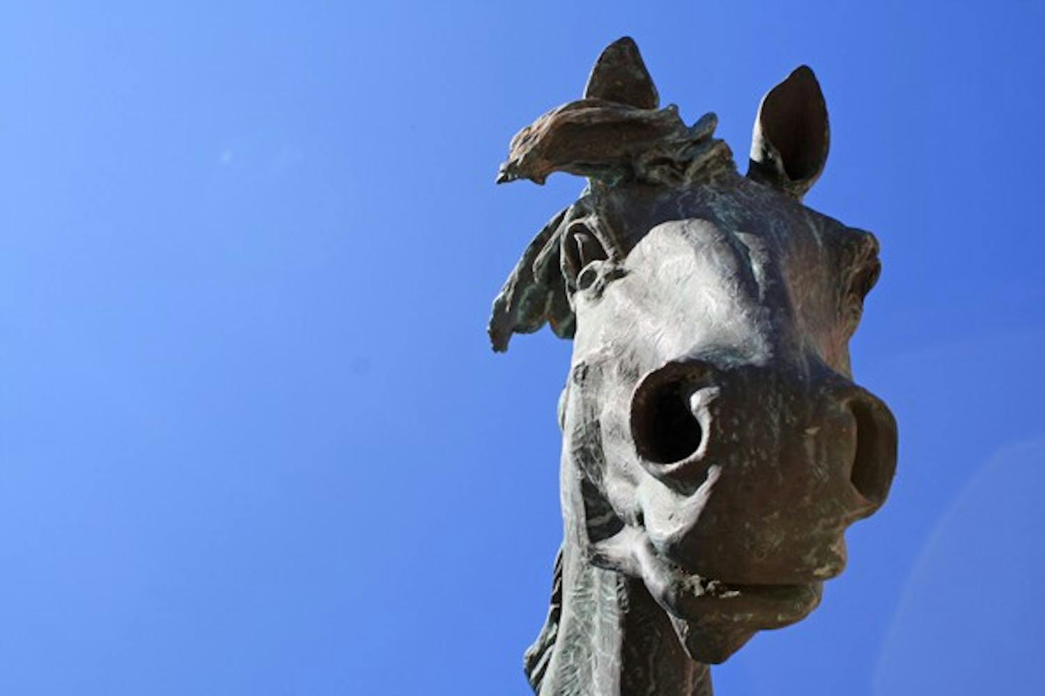 "Spirit," a sculpture of five horses by Buck McCain, stands majestically in the spring sunshine outside the W.P. Carey School of Business on the Tempe campus. (Photo by Jessie Wardarski)