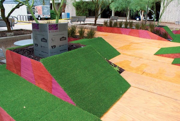 The newly constructed X-Scape area was built outside of Neeb Plaza this week for students to sit and relax between classes. The structure is the winner of the X-Square competition through the Herberger Institute of Design and the Arts. (Photo by Kurtis Semph)