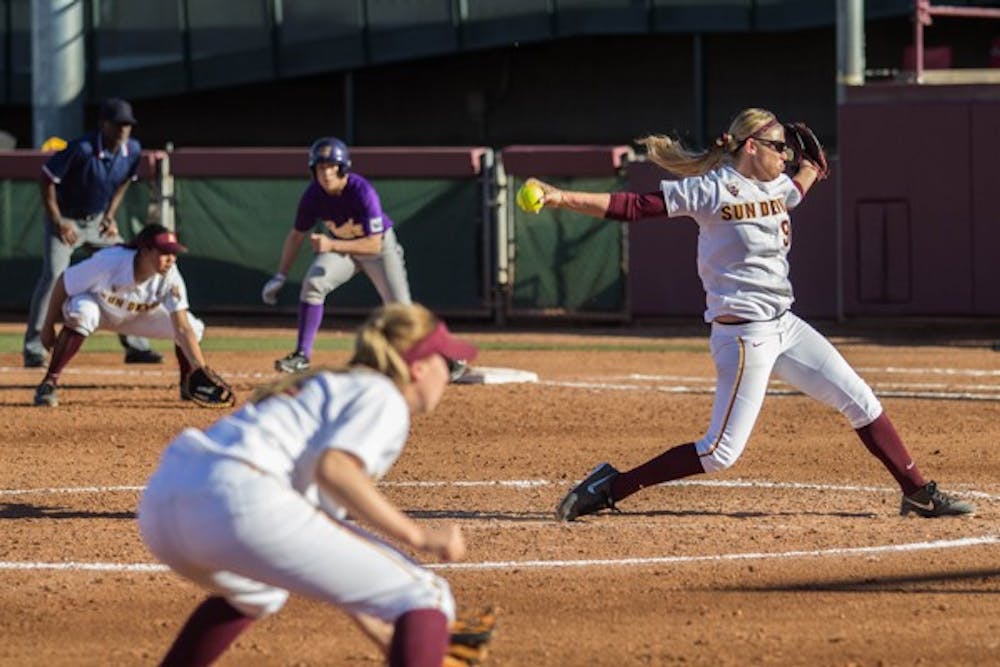 Junior catcher Mackenzie Popescue (right) winds up for a pitch during the Sun Devils' 5-3 win over Northern Iowa on Feb. 15 (Photo by Dominic Valente)