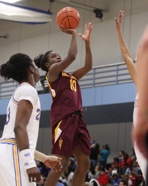 Sophomore guard Promise Amukamara leaps up for a jumper in ASU’s 53-38 loss to UCLA on Feb. 23. (Photo courtesy of Steve Rodriguez)