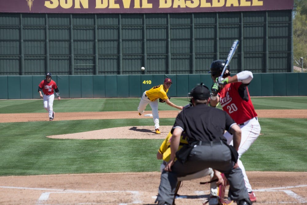 ASU freshman James Ryan (#39) delivers a pitch to Utah's Kellen Marruffo in the second inning of the Sun Devils' 16-7 loss at Phoenix Municipal Stadium on March 26, 2016.