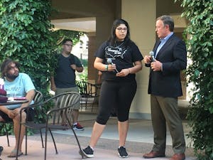 Michael Crow holds a student forum on the ASU West campus on Tuesday, April 5, 2016.