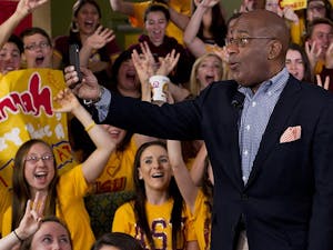 Today Show co-anchor Al Roker takes a selfie with the crowd of ASU students at the live-taping of the Today Show on the Downtown campus. The national morning show came to ASU after seeing a viral video of super fans living in the Taylor Place residence hall. (Photo by Caitlin Cruz)