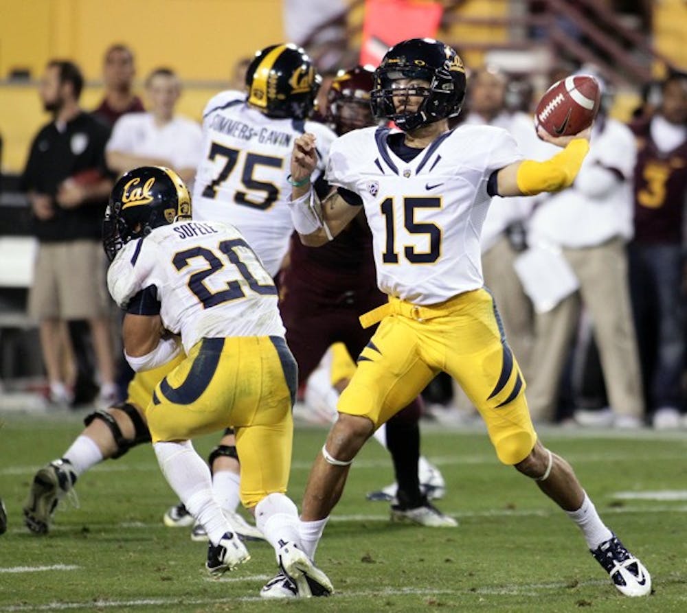 California junior quarterback Zach Maynard throws the ball during the Golden Bears’ 47-38 win over the Sun Devils. The win in Tempe gave Cal a chance to be selected into a more favorable bowl as the Golden Bears close the 2011 regular season. (Photo by Beth Easterbrook)