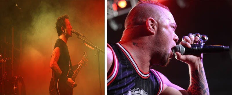 Ivan Moody, lead singer of Five Finger Death Punch, excites the crowd with his stage presence and energy by screaming into a microphone with brass knuckles attached.  (Photo courtesy of Kj Mark)