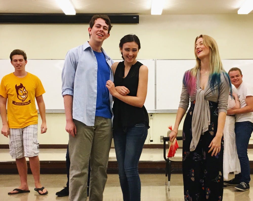 "The Importance of Being Earnest" actors Max Lugo, Jonathan Gonzales, Chiara Hommel, Fay Schnedier and Nicholas Welter pause for a photo while rehearsing for&nbsp;the show.