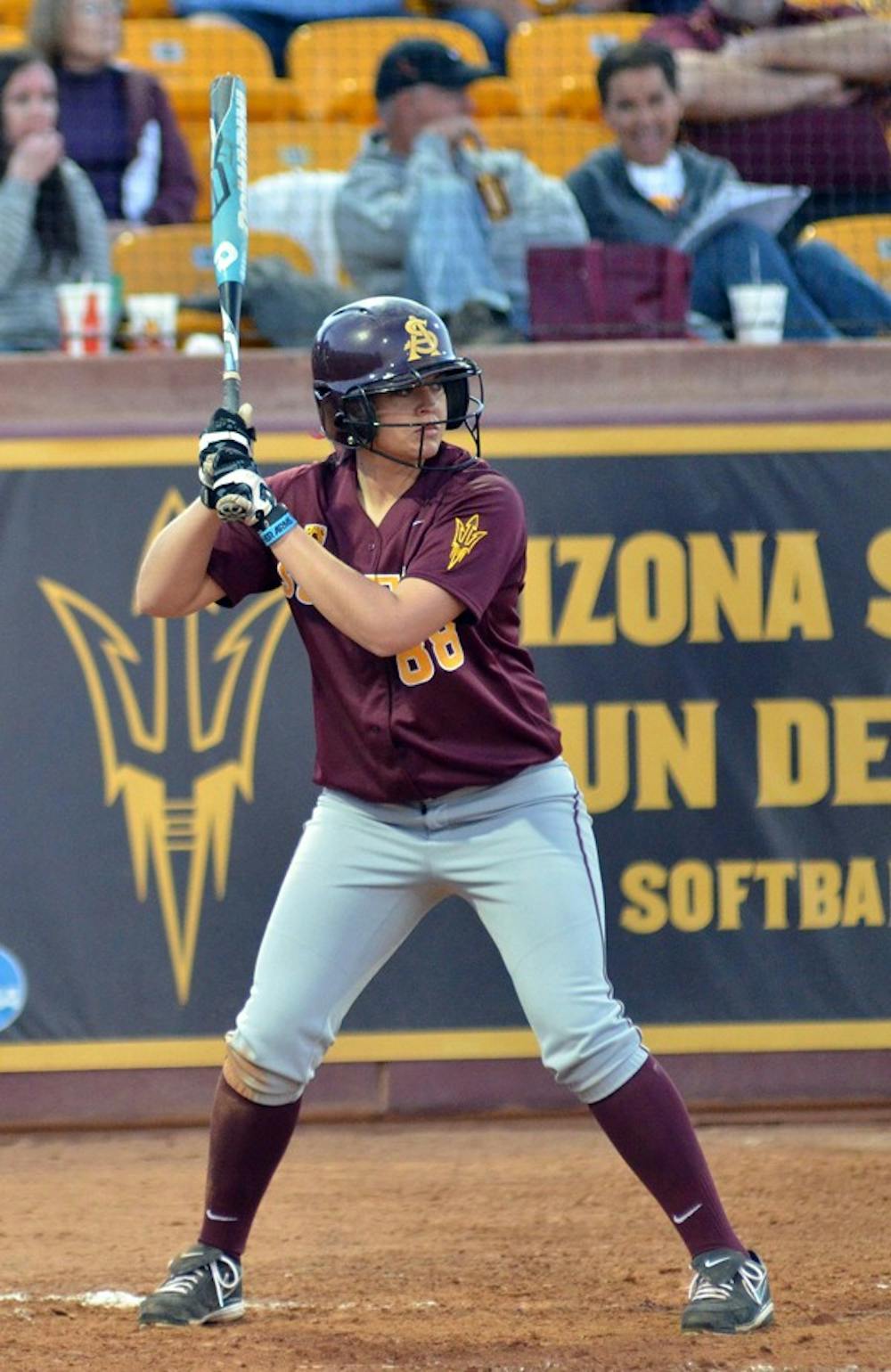 Annie Lockwood stands in the batter’s box in the Kajikawa Classic on Feb. 10. Lockwood and the Sun Devils face UCLA, the nation’s top team in team batting average, this weekend at home. (Photo by Aaron Lavinsky)