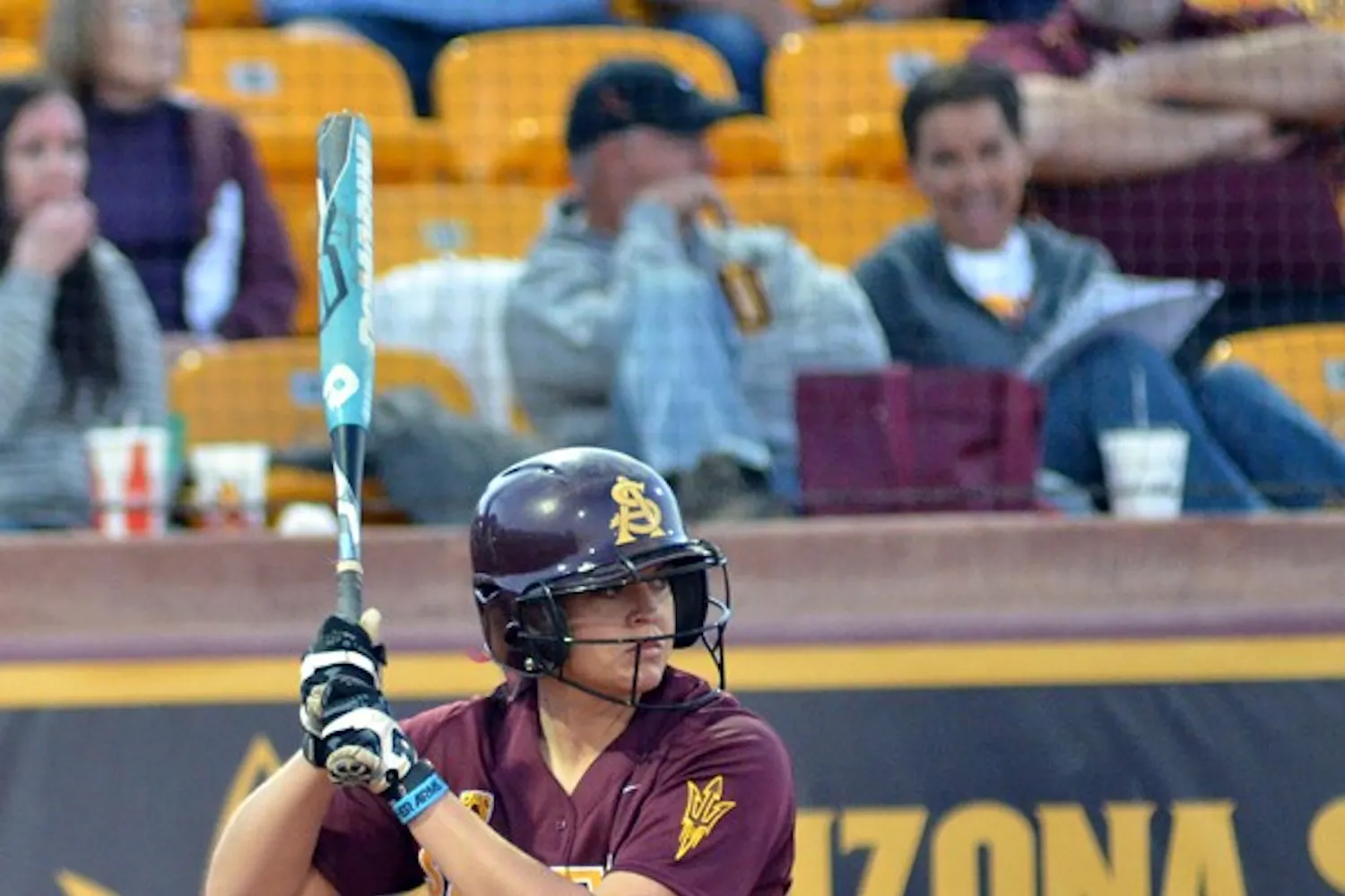 Annie Lockwood stands in the batter’s box in the Kajikawa Classic on Feb. 10. Lockwood and the Sun Devils face UCLA, the nation’s top team in team batting average, this weekend at home. (Photo by Aaron Lavinsky)