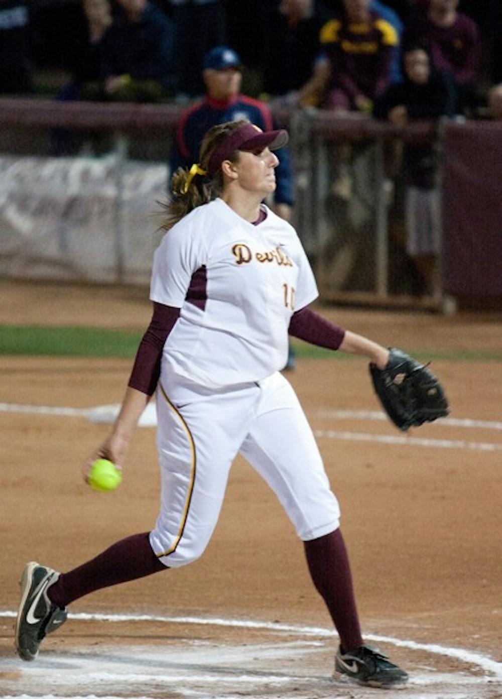 ASU junior Hillary Bach delivers a pitch during a game last season. The Sun Devils swept Michigan State over the weekend, giving up only six runs in three games. (Photo by Scott Stuk)