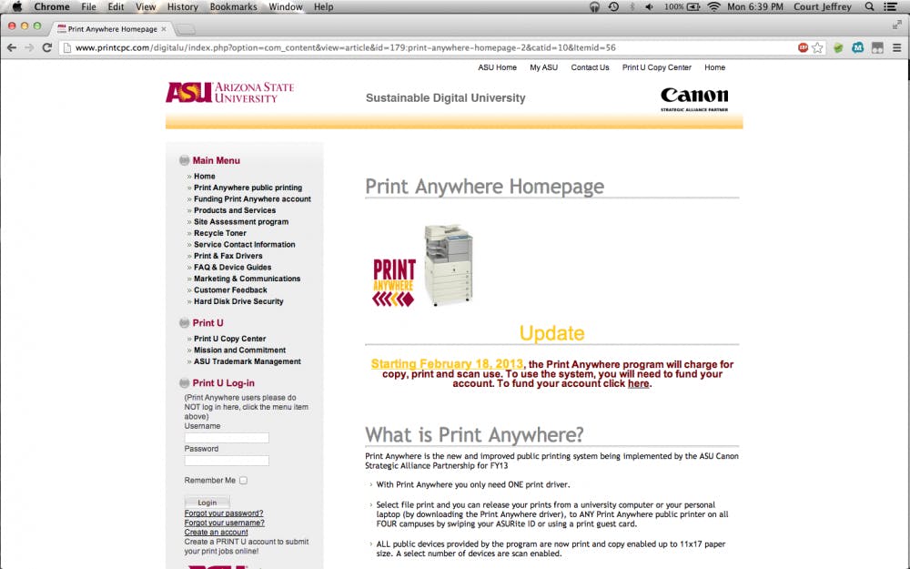 ASU’s official Print Anywhere setup allows for students at any of the four campuses to print from either their computer or a school computer for a small fee. Screenshot by Courtland Jeffrey