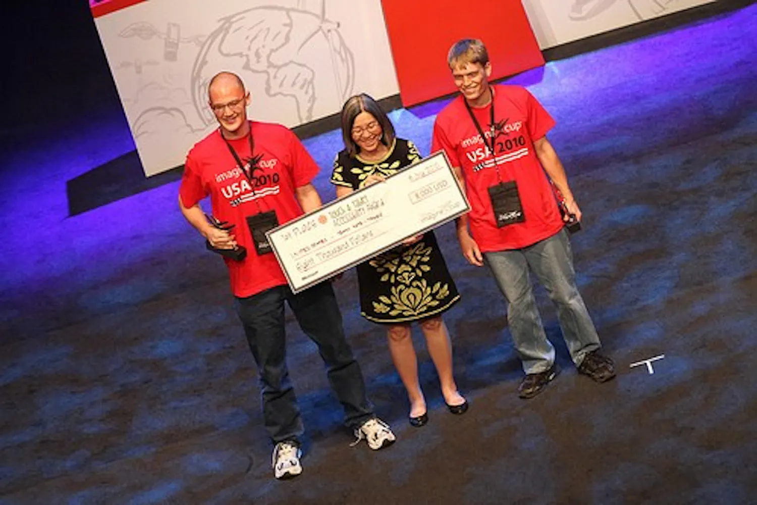 IMAGINE THAT: ASU students David Hayden and Andrew Kelley receive an award during the Microsoft Imagine Cup for creating a device that helps those with low vision see a professor’s lecture more clearly. (Photo Courtesy of Microsoft)