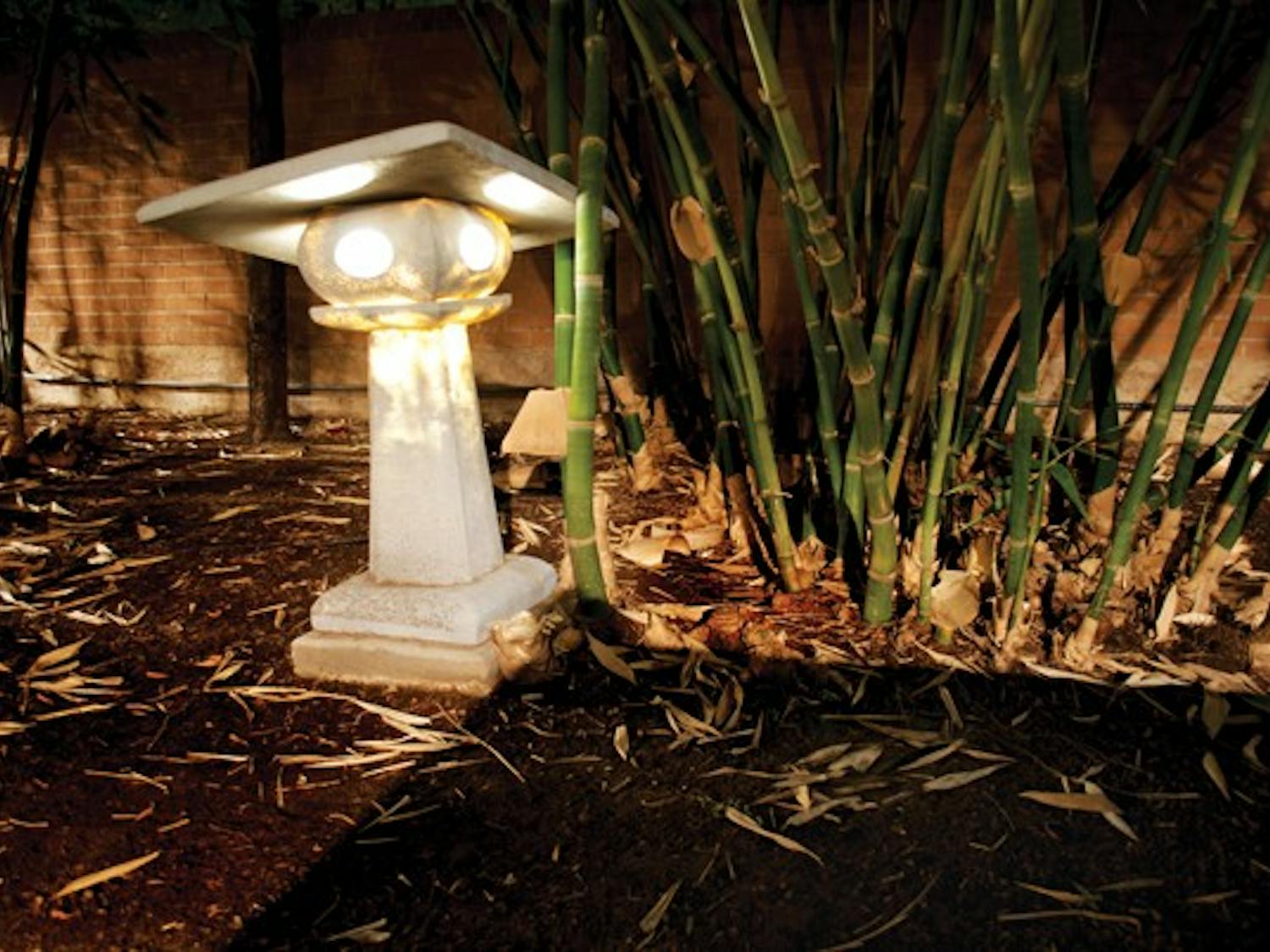 A light illuminates a bamboo garden on the Tempe campus at night. (Photo by Kurtis Semph)