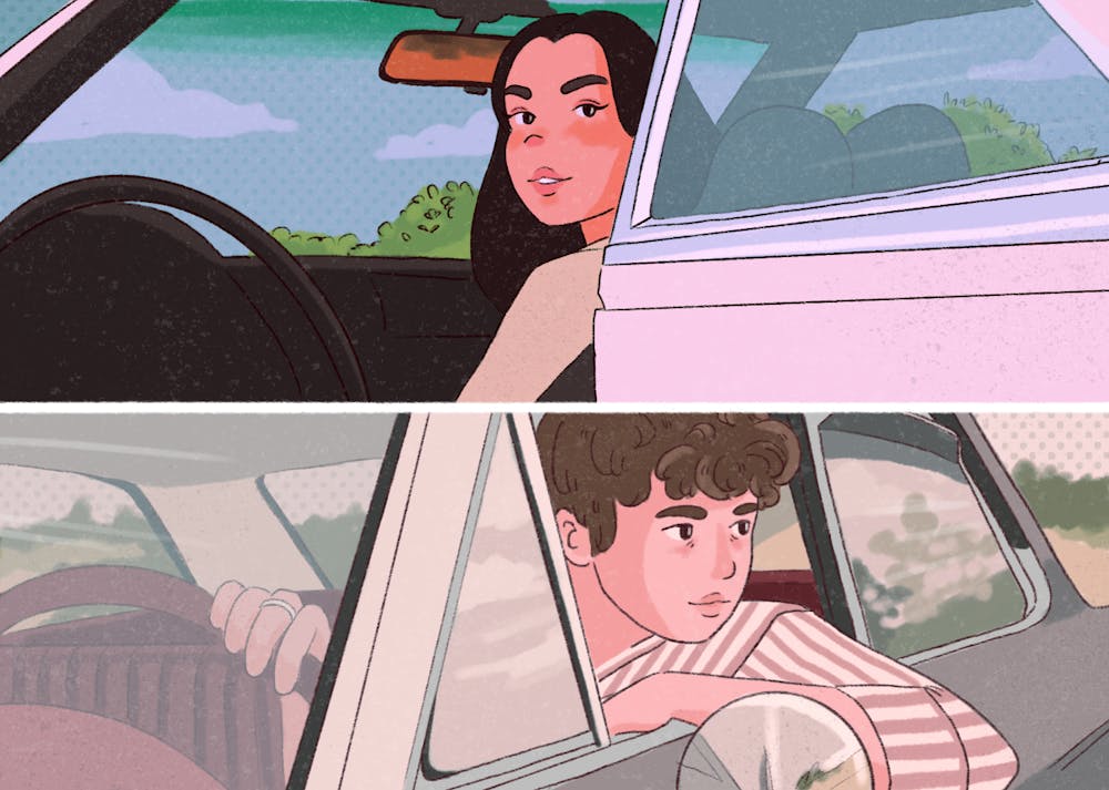 An illustration of Olivia Rodrigo and Josh Bassett, each looking out from their cars as featured in their music videos.
