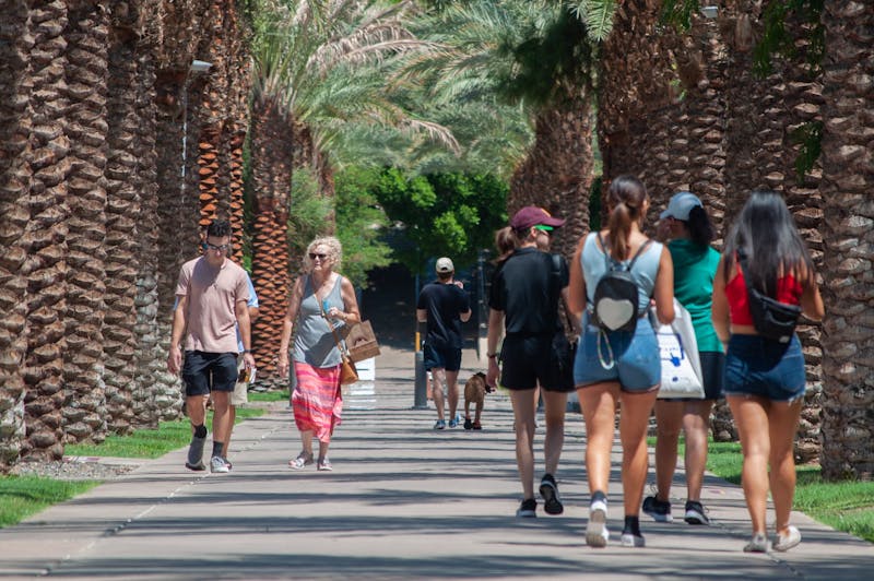 Students walking on Palm Walk on Wednesday, Aug. 11, 2021, in Tempe.
