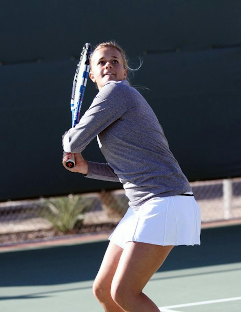 Senior Michelle Brycki prepares to volley the ball at the ASU Thunderbird Invitational on Nov. 5, 2011. The Sun Devils host Texas Tech on Saturday. (Photo by Lisa Bartoli)
