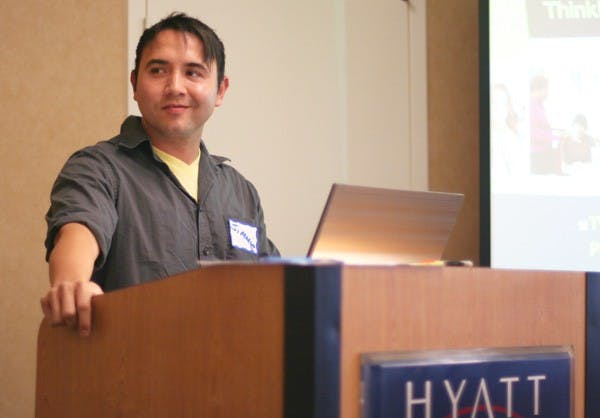 AWARENESS: Gay, Lesbian and Straight Education Network training coordinator Jimmie Munoz talks about statistics in schools regarding different sexual orientations at the Leadership for Equity Forum in downtown Phoenix on Monday. (Photo by Lisa Bartoli)