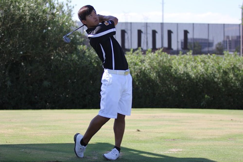 Senior Jin Song works on his swing during a Sept. 21 practice before the Pac-12 Preview. (Photo by Kyle Newman)