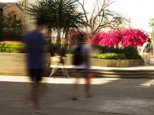 Students walk by the fountain-turned-garden located near Orange St. and Cady Mall at ASU taken on Monday, March 28, 2017. 
