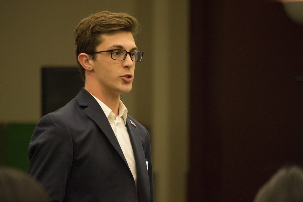 Former Chairman of Government Operations Kanin Pruter during the Undergraduate Student Government bi-weekly meeting on Tuesday, Feb. 16, 2016 on ASU's Tempe campus. Pruter has&nbsp;endorsed presidential candidate Brittany Benedict&nbsp;in the runoff election against Aundrea DeGravina.
