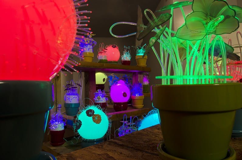 Priced to Move, installation: digital drawings, Lucite tubes, LED lights, optical fiber, five15 Gallery, Phoenix, Arizona, 2013.
