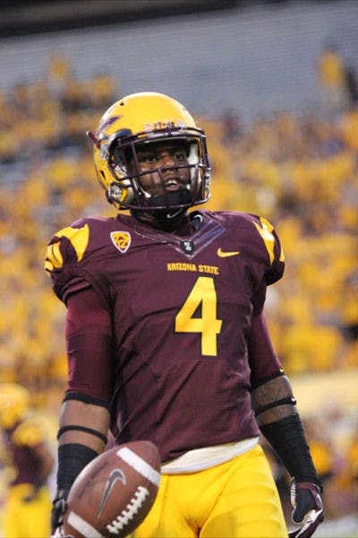 Junior safety Alden Darby returns the ball during warm-ups prior to the Sun Devils’ season opener against NAU on Aug. 30. (Photo by Kyle Newman)