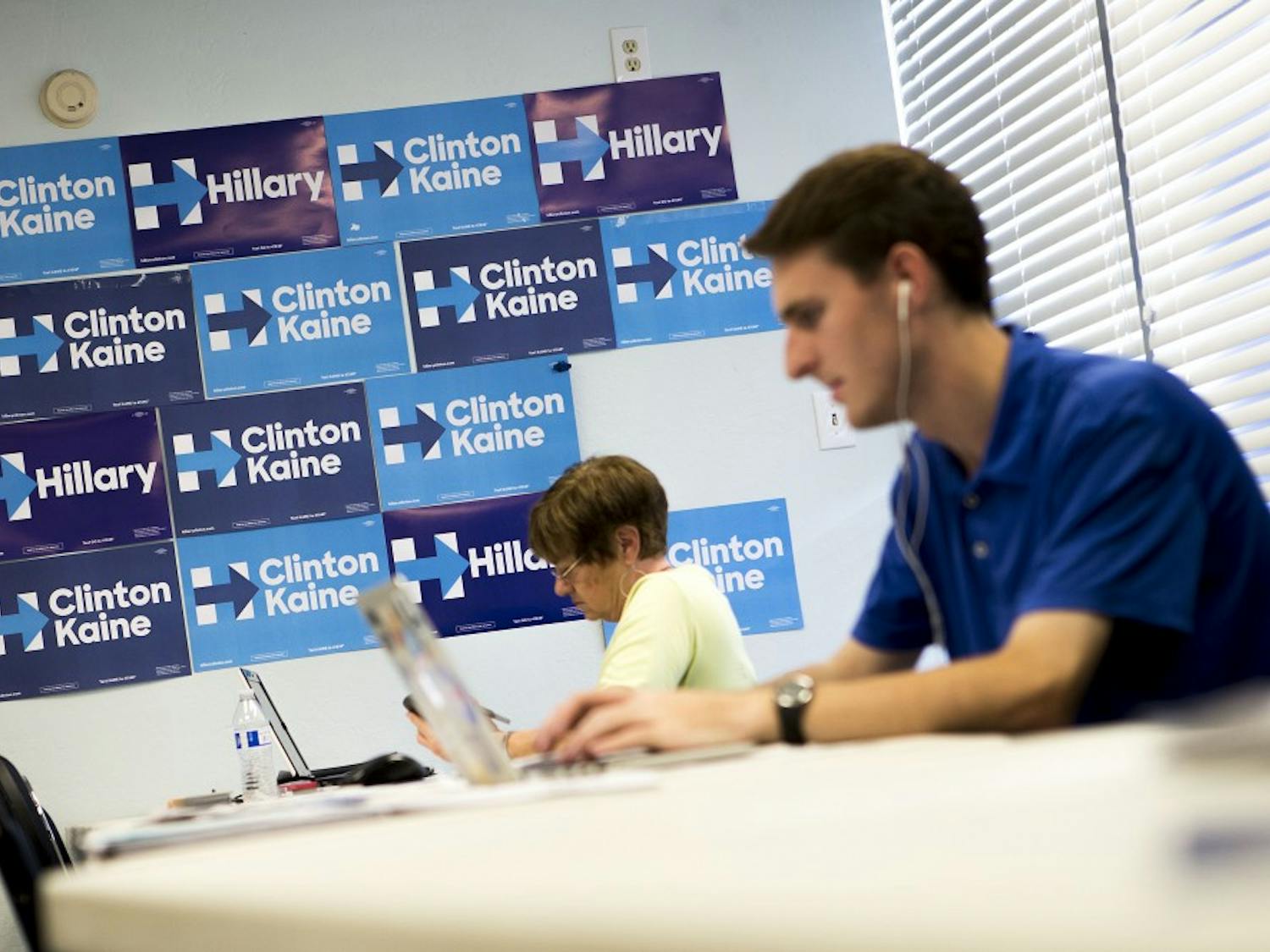Volunteers participate in a phone bank in the Arizona Democratic headquarters in Downtown Phoenix, on Sept. 29, 2016.
